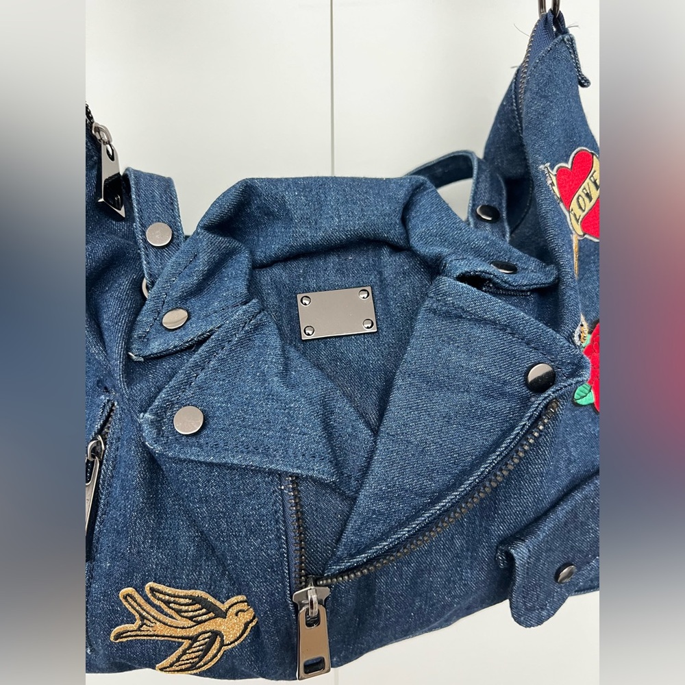 Stylish Denim Shoulder Bag with Embroidered Patches - Picture 6 of 13